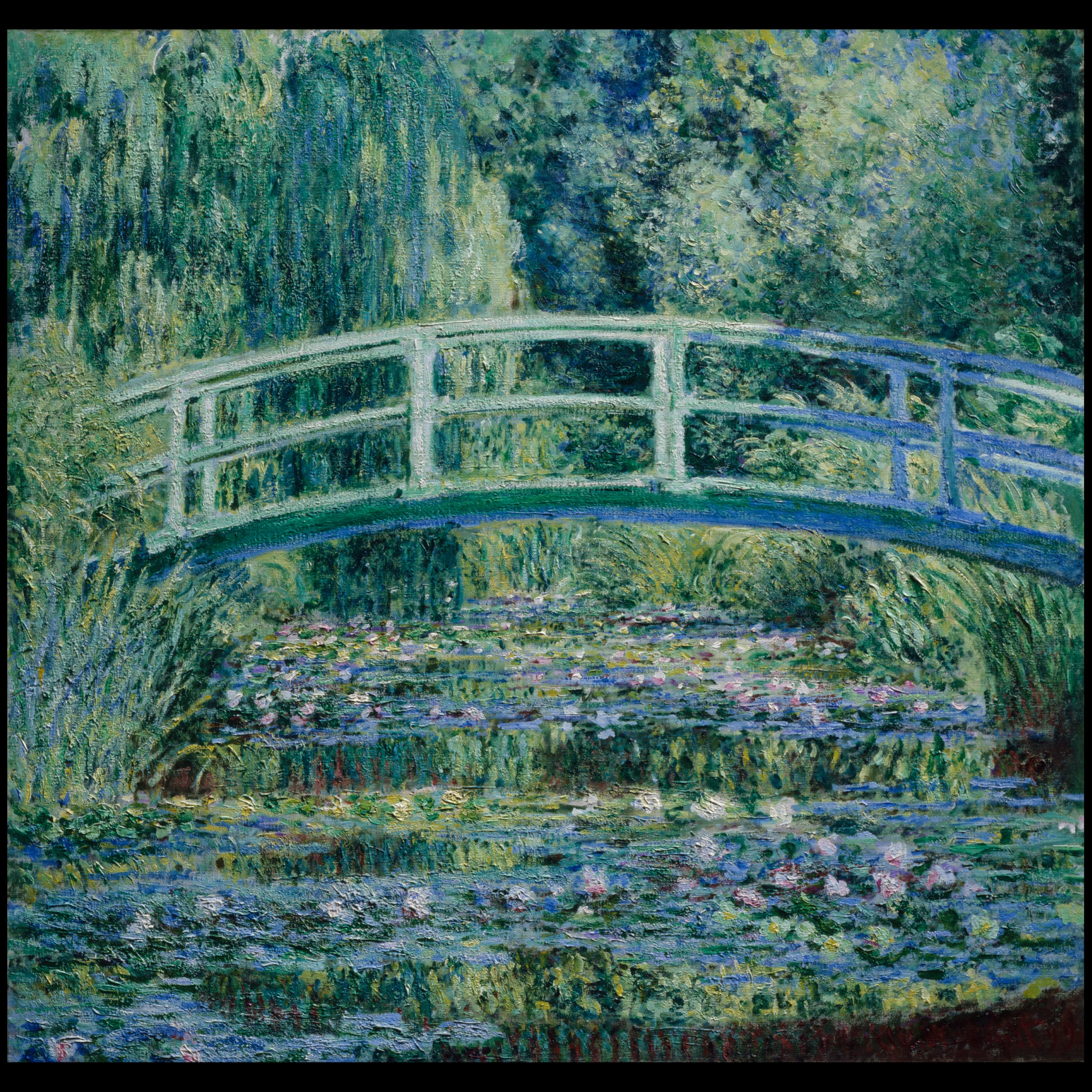 painting of water lilies and a Japanese bridge by Monet