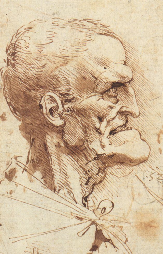 drawing of a grotesque face by Leonardo